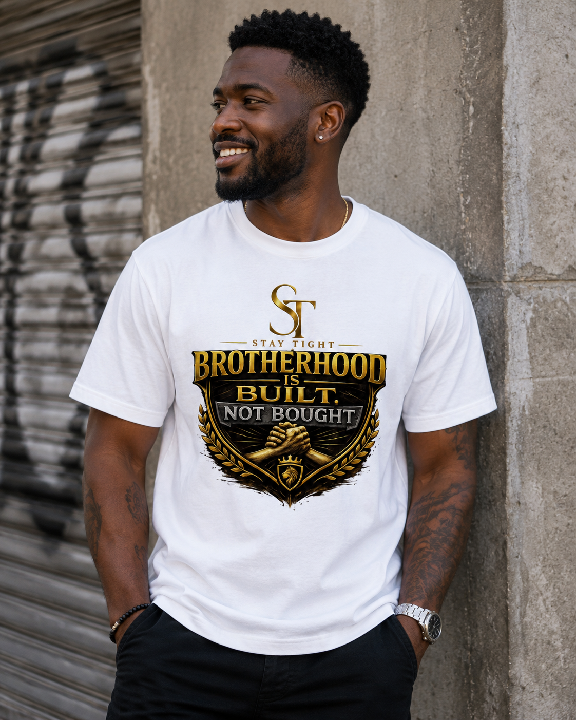 Brotherhood Is Built, Not Bought Premium Heavyweight Brotherhood Graphic T-Shirt | Stay Tight