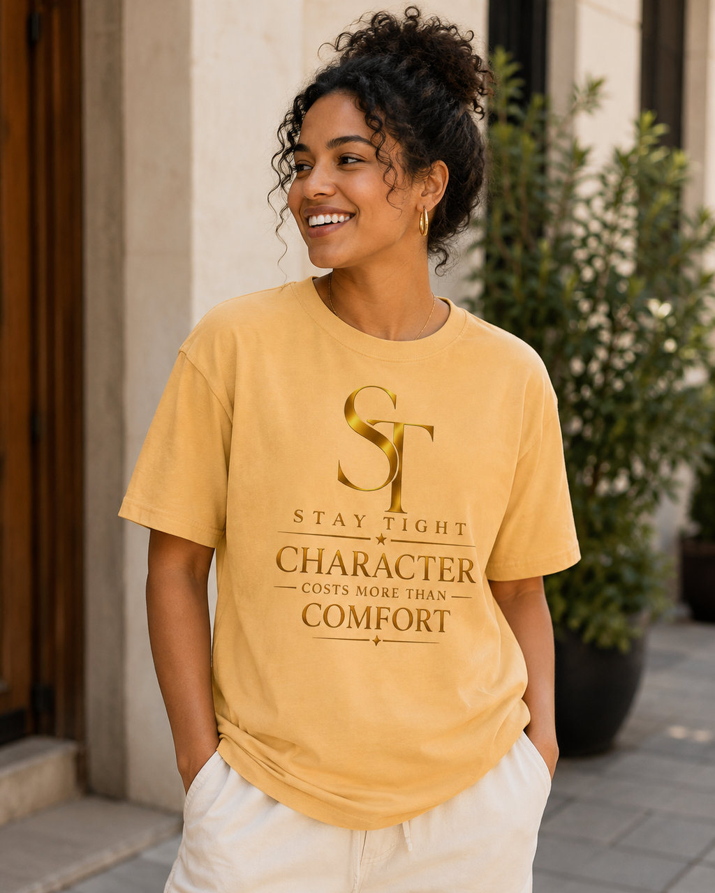 Character Costs More Than Comfort Premium Heavyweight Motivational Graphic T-Shirt | Stay Tight
