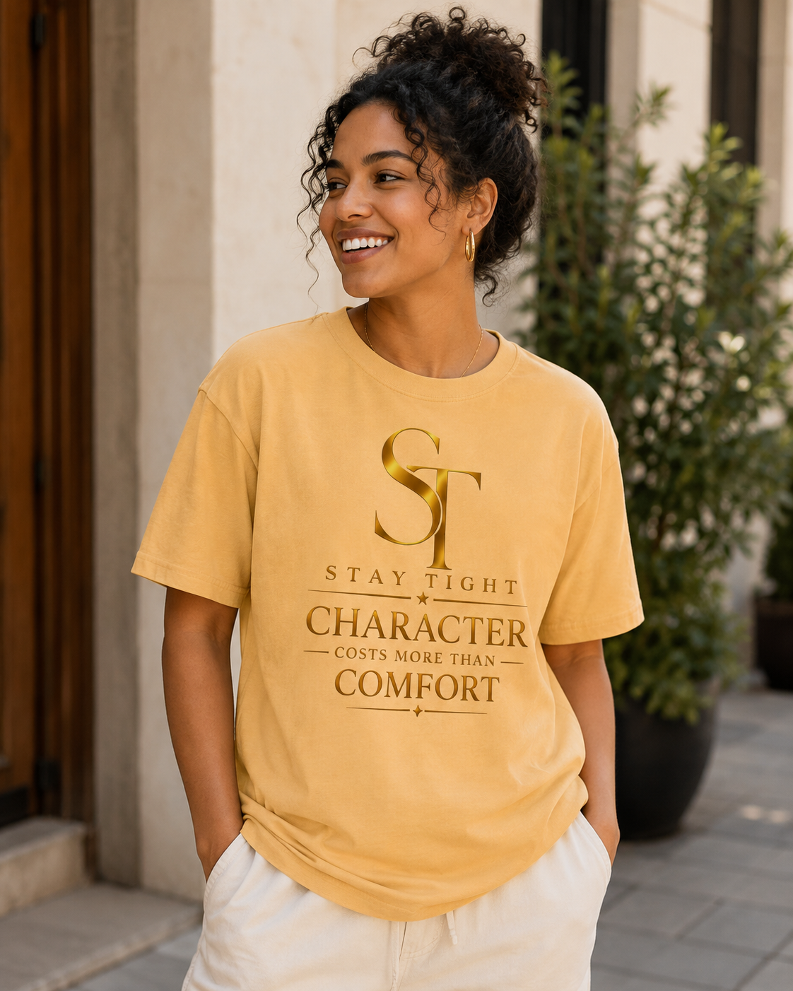Character Costs More Than Comfort Premium Heavyweight Motivational Graphic T-Shirt | Stay Tight
