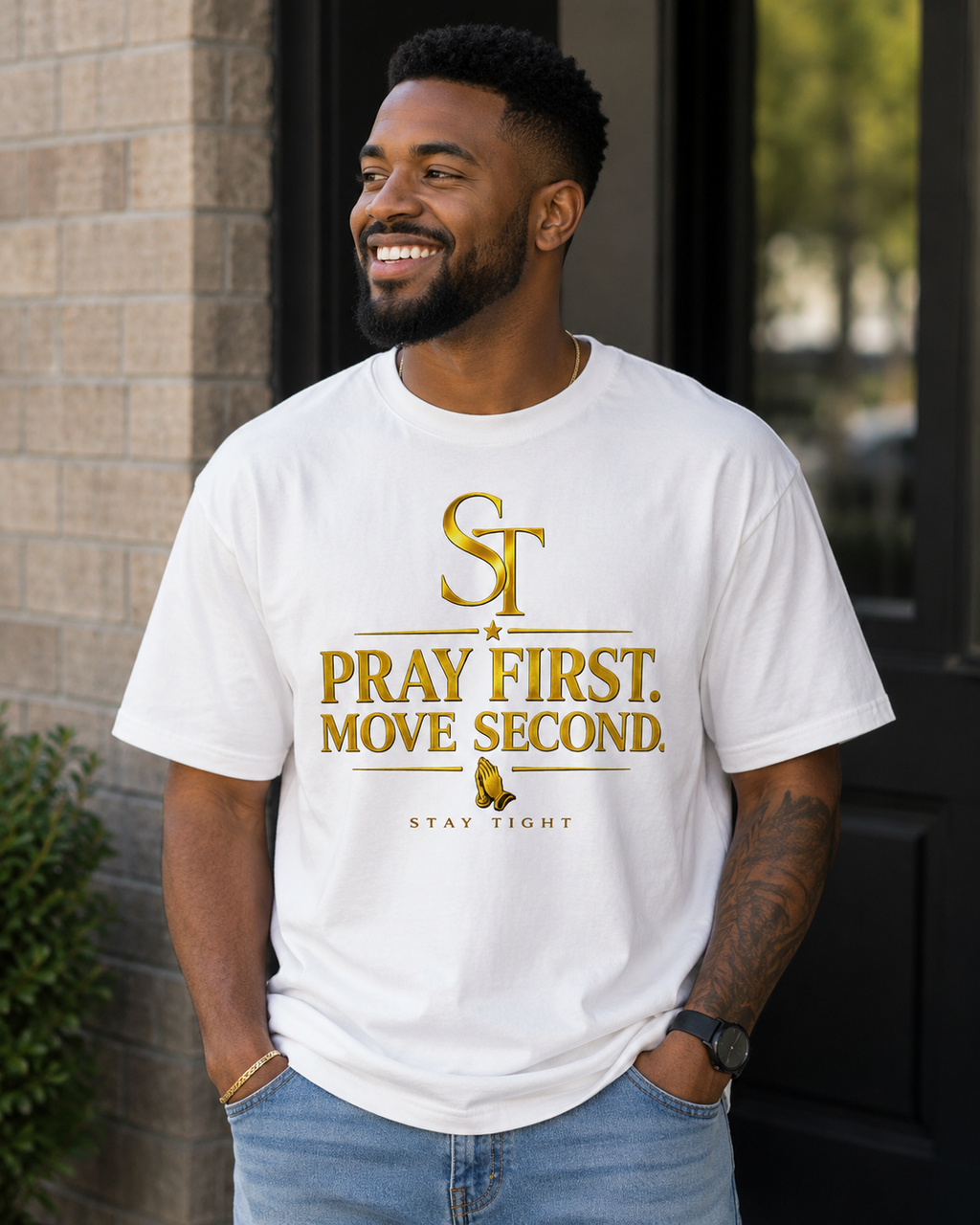 Pray First. Move Second. Premium Heavyweight Christian Graphic T-Shirt | Stay Tight