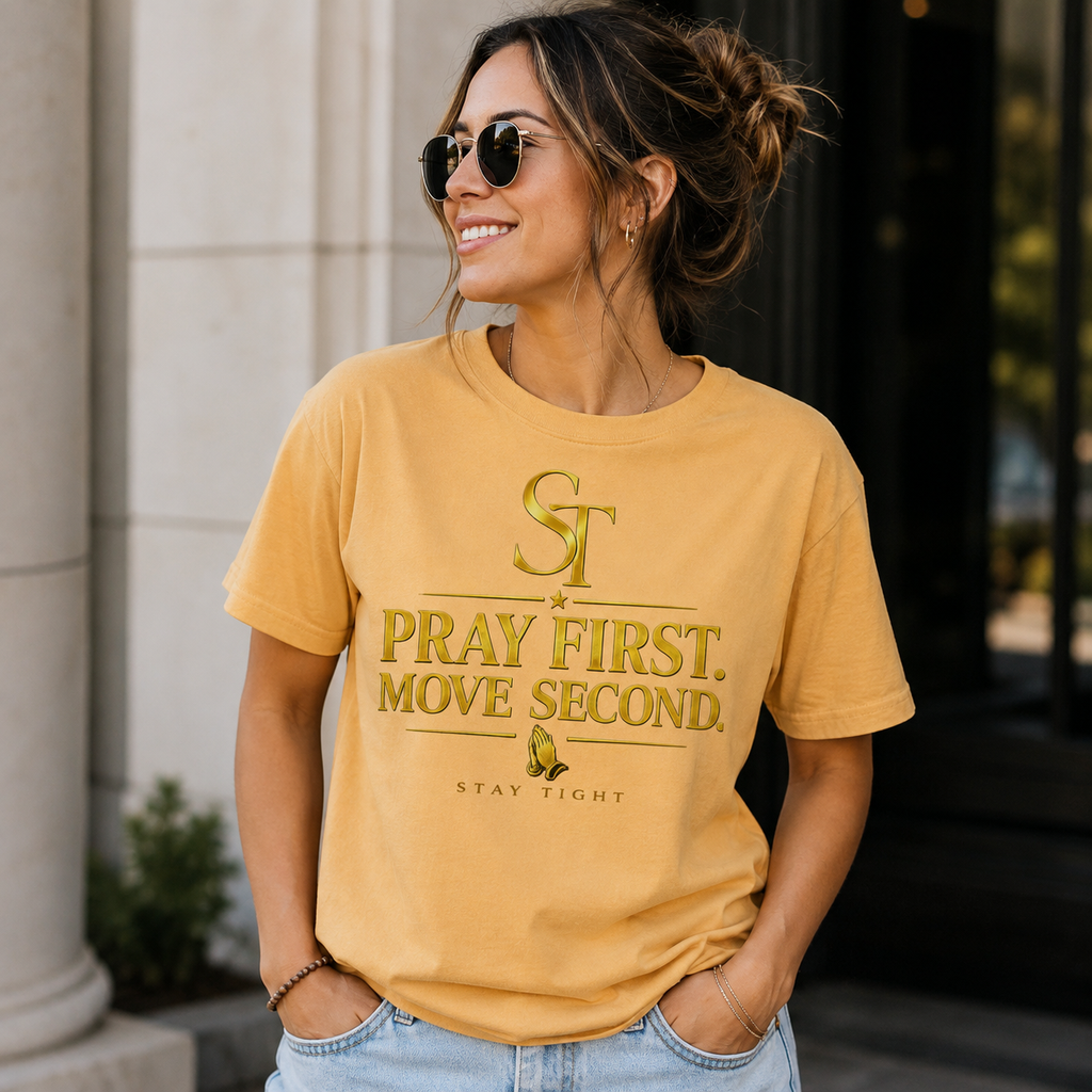Pray First. Move Second. Premium Heavyweight Christian Graphic T-Shirt | Stay Tight