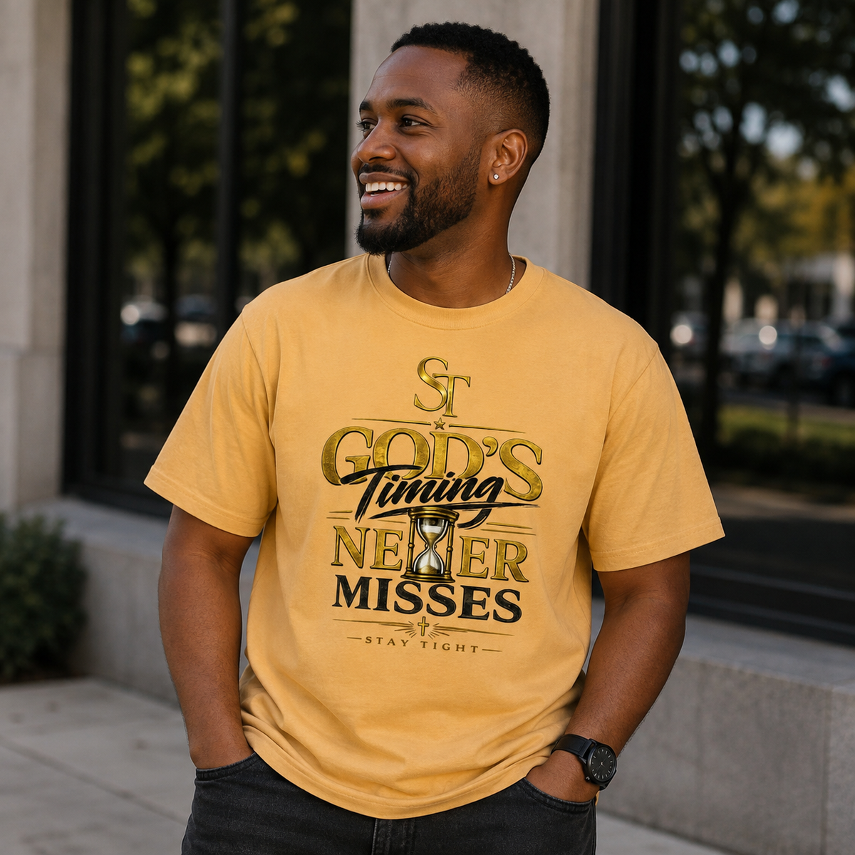 God's Timing Never Misses Premium Heavyweight Christian Graphic T-Shirt | Stay Tight