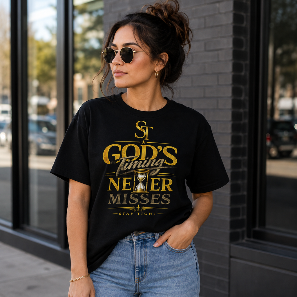 God's Timing Never Misses Premium Heavyweight Christian Graphic T-Shirt | Stay Tight