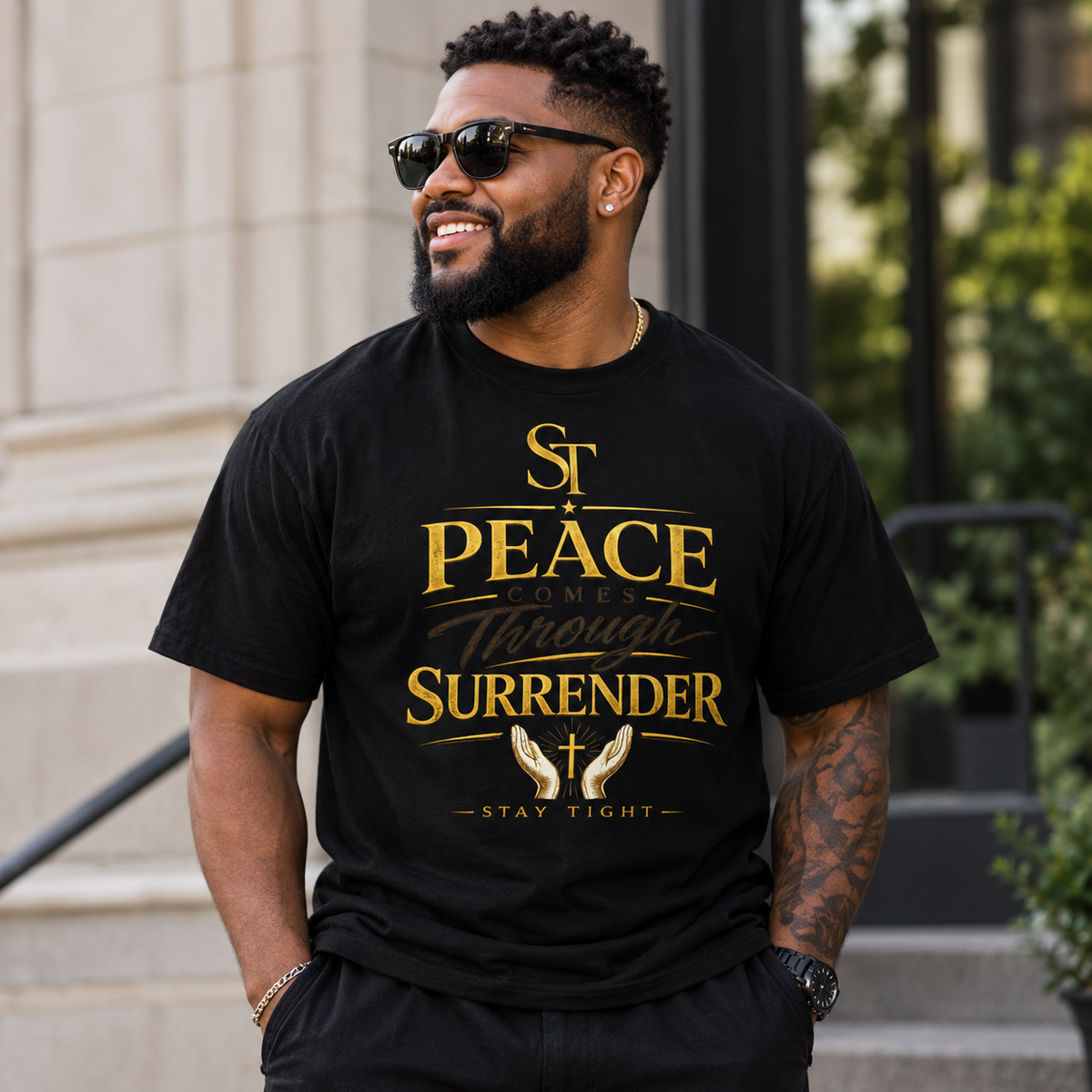 Peace Comes Through Surrender Premium Heavyweight Christian Graphic T-Shirt | Stay Tight