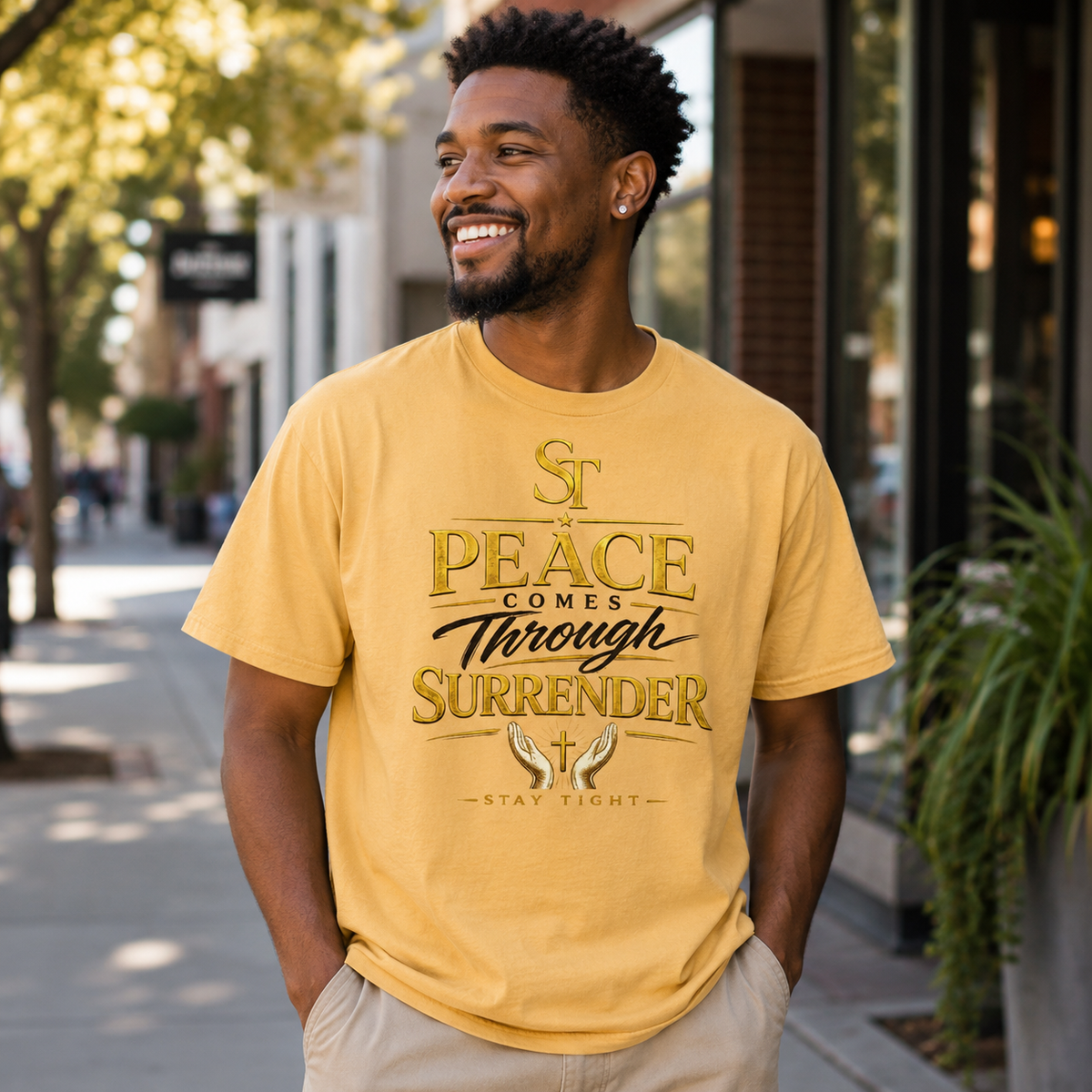 Peace Comes Through Surrender Premium Heavyweight Christian Graphic T-Shirt | Stay Tight