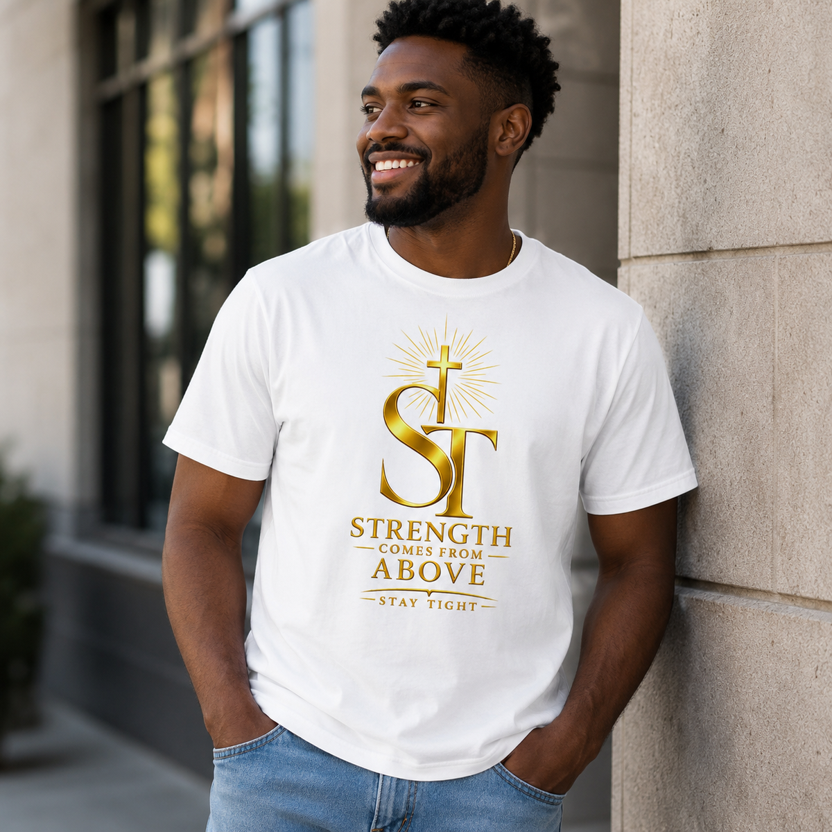 Strength Comes From Above Premium Heavyweight Christian Graphic T-Shirt | Stay Tight