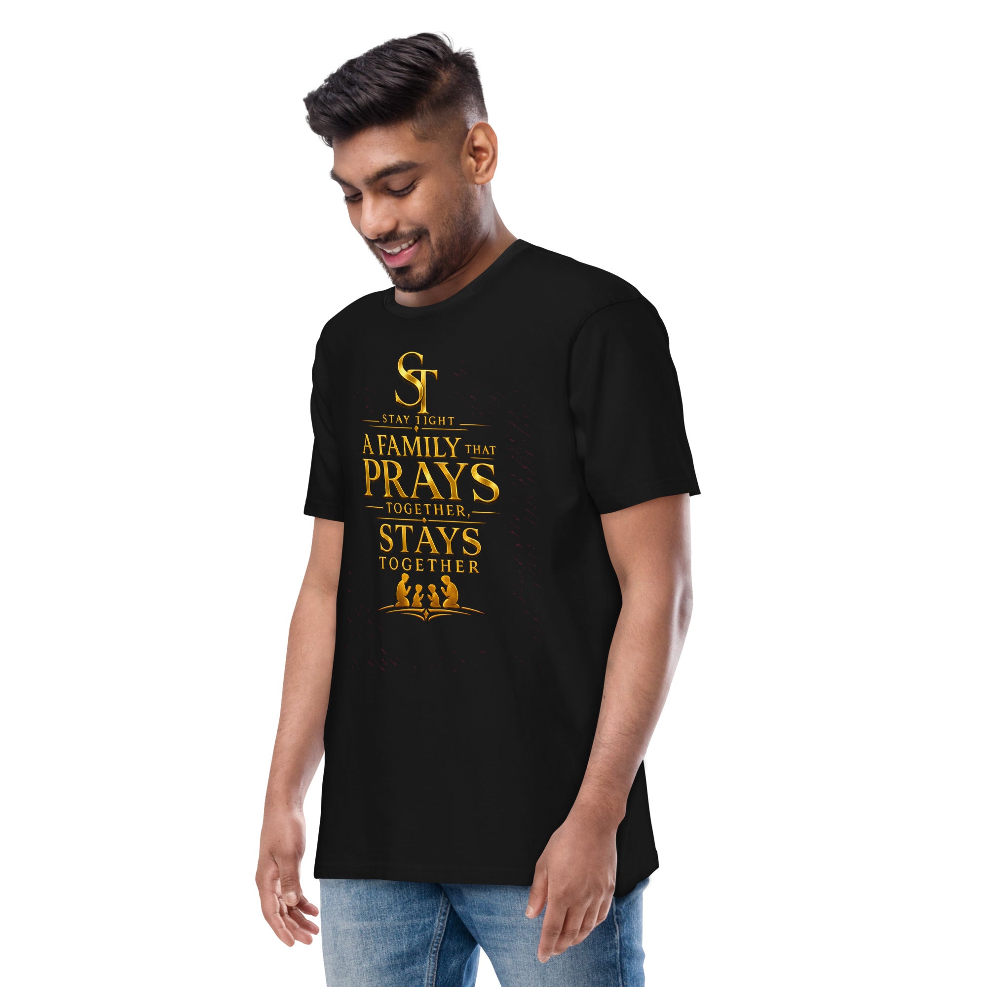 premium heavyweight Stay Tight graphic T-shirt with a gold Christian family design reading “A Family That Prays Together, Stays Together,” featuring a praying family silhouette.