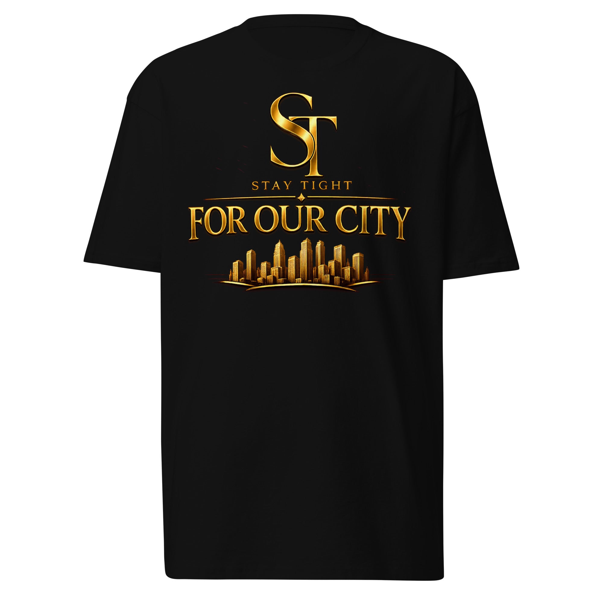 premium heavyweight Stay Tight graphic T-shirt with a gold “For Our City” design featuring a modern city skyline. Inspirational streetwear celebrating community, hometown pride, leadership, and urban culture.