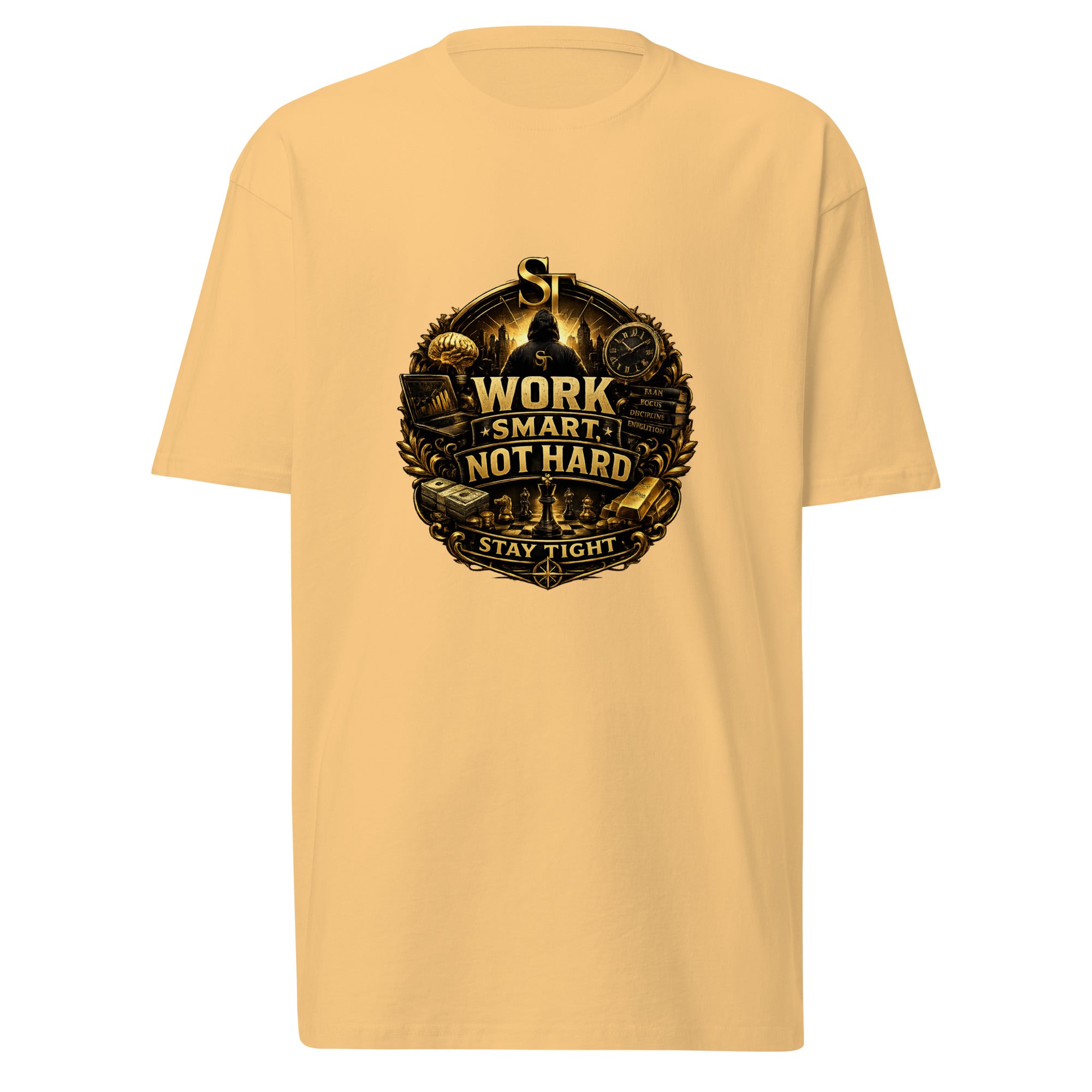 Stay Tight premium heavyweight T-shirt featuring the ST logo, the quote “Work Smart, Not Hard,” and a motivational graphic with a city skyline, books, a clock, chess pieces, and success-themed artwork.