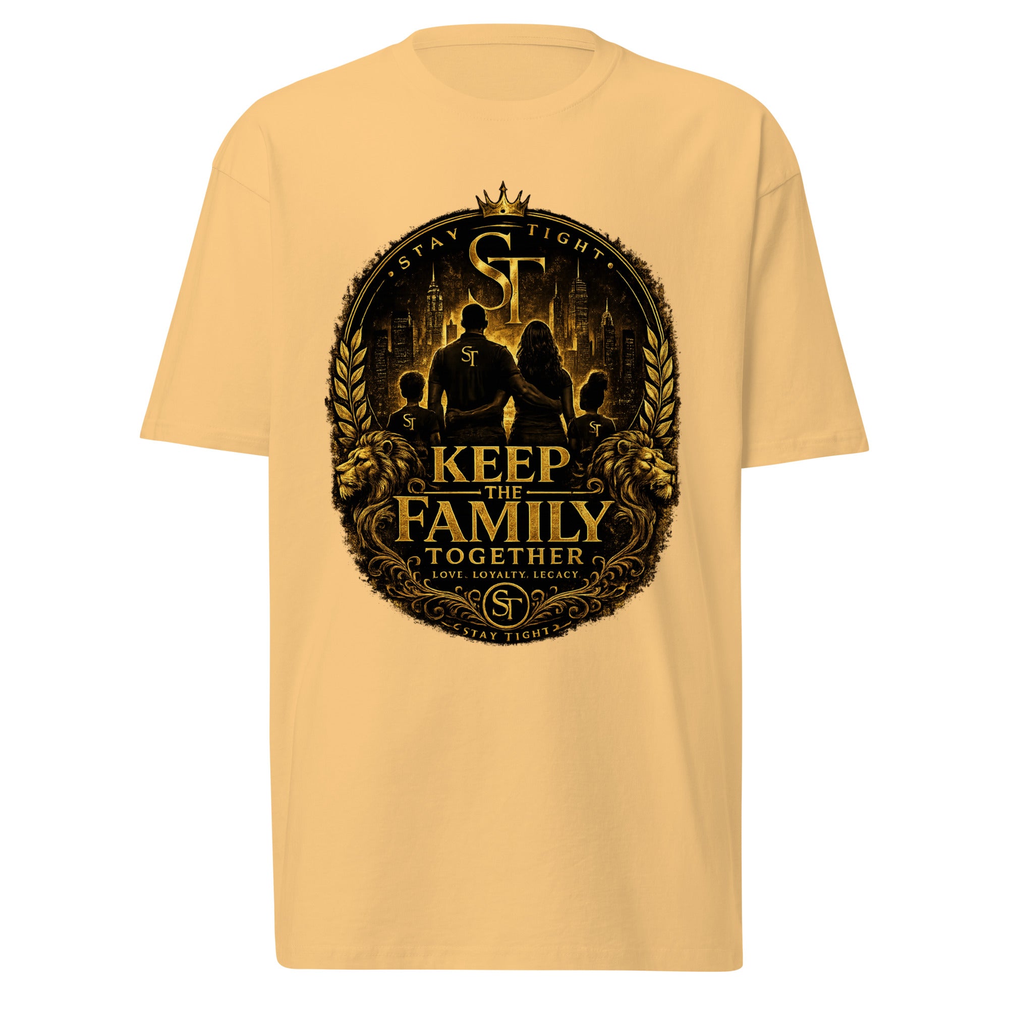 premium heavyweight Stay Tight graphic T-shirt with a family unity design and the motivational quote “Keep the Family Together – Love, Loyalty, Legacy.”