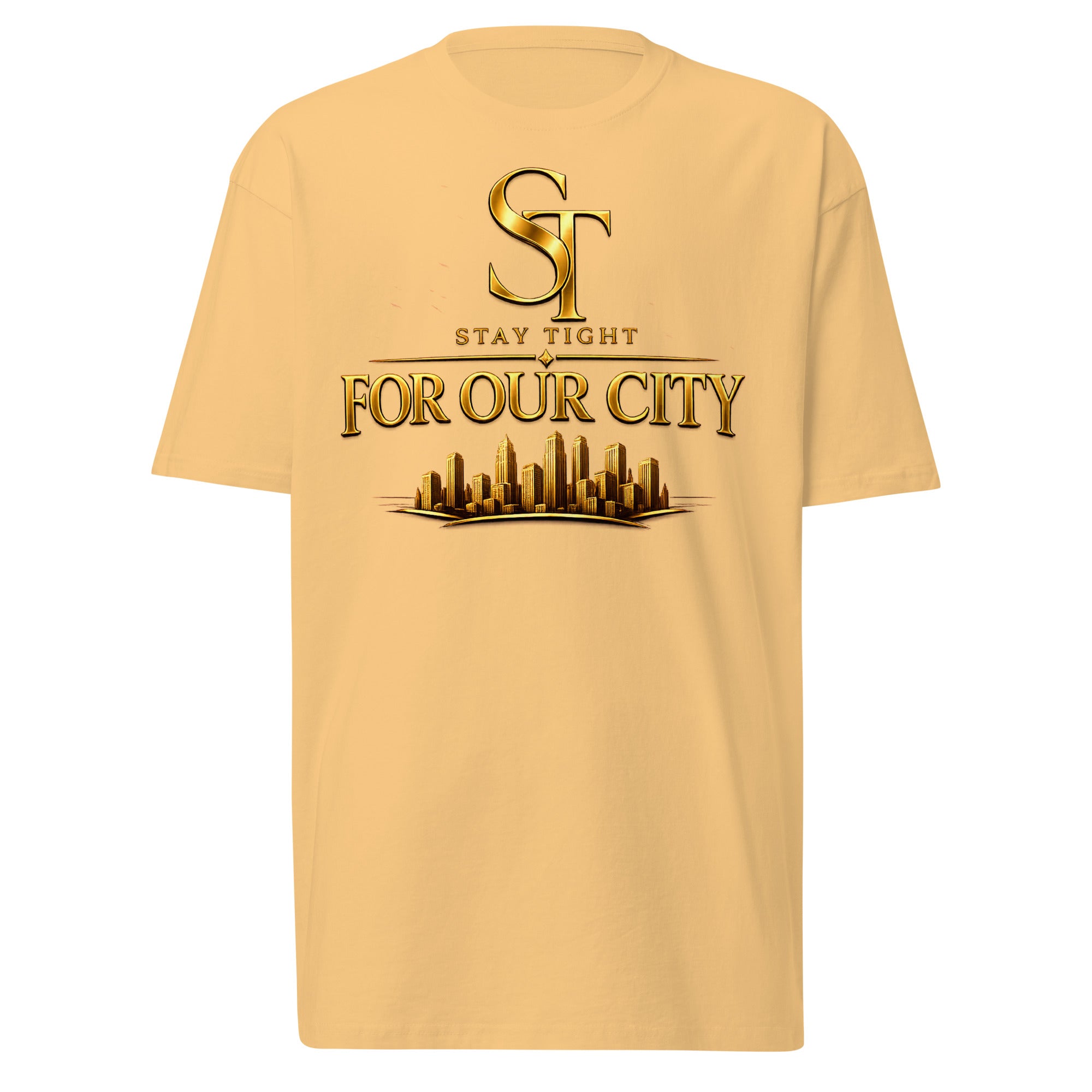 premium heavyweight Stay Tight graphic T-shirt with a gold “For Our City” design featuring a modern city skyline. Inspirational streetwear celebrating community, hometown pride, leadership, and urban culture.