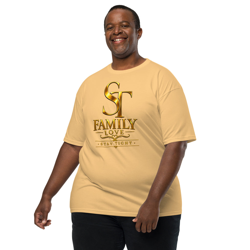 premium heavyweight Stay Tight graphic T-shirt with a gold “ST Family Love” design. Inspirational family-themed streetwear celebrating love, unity, loyalty, and strong family values with elegant gold typography.