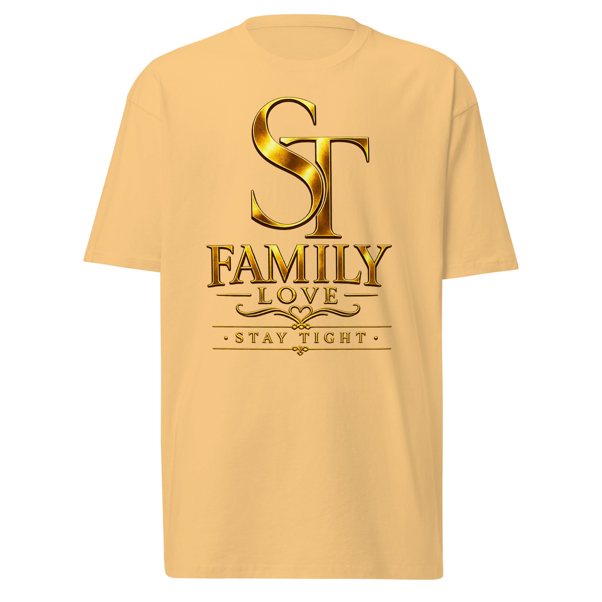 premium heavyweight Stay Tight graphic T-shirt with a gold “ST Family Love” design. Inspirational family-themed streetwear celebrating love, unity, loyalty, and strong family values with elegant gold typography.