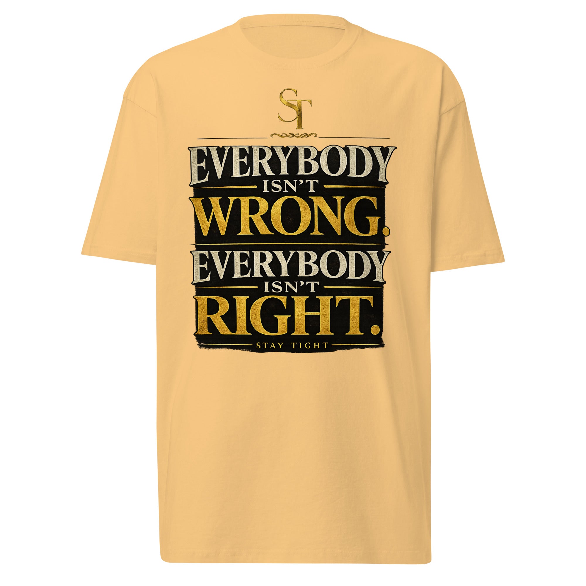 premium heavyweight Stay Tight graphic T-shirt with a bold “Everybody Isn’t Wrong. Everybody Isn’t Right.” typography design. Inspirational streetwear promoting wisdom, critical thinking, discernment, humility, and balanced perspectives.