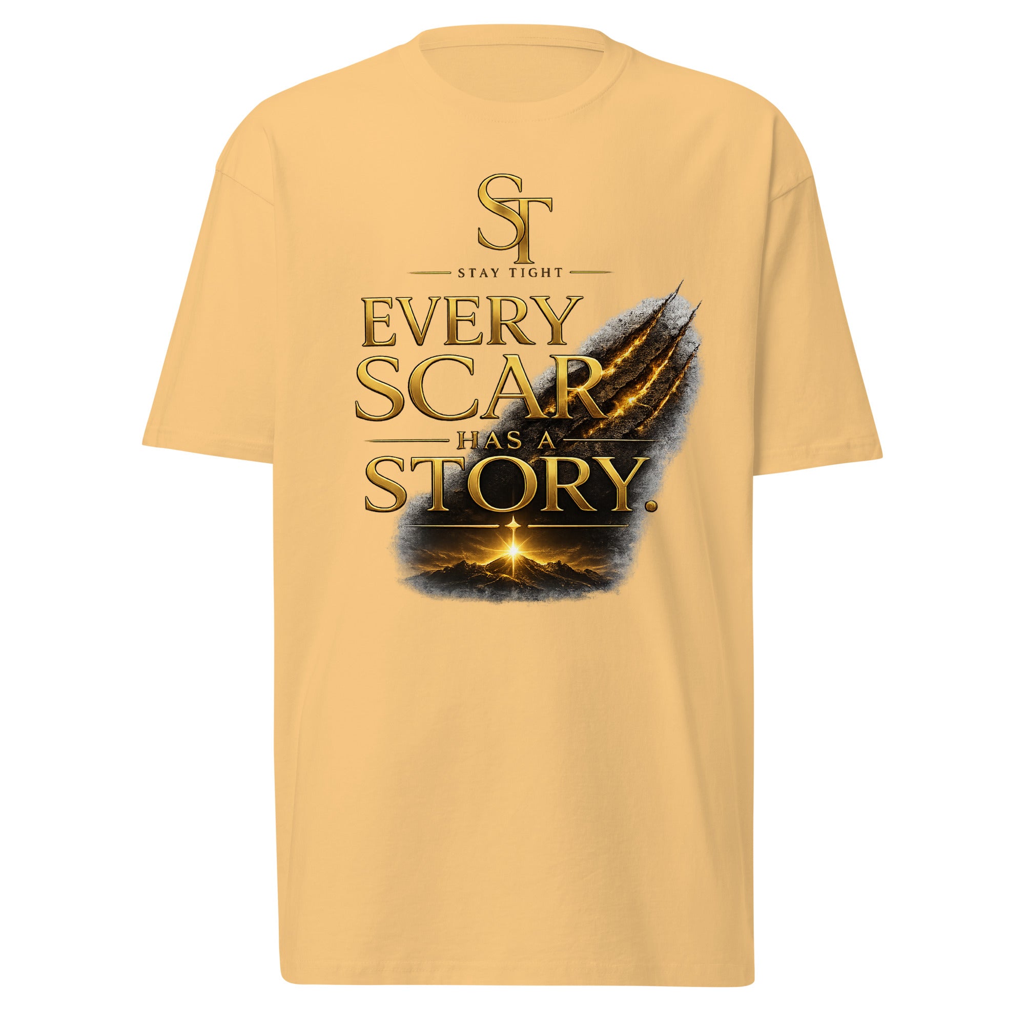 Stay Tight premium heavyweight T-shirt featuring the inspirational message "Every Scar Has a Story" with claw marks, a glowing horizon, and the ST logo, symbolizing resilience, healing, perseverance, courage, and finding strength through life's hardships.