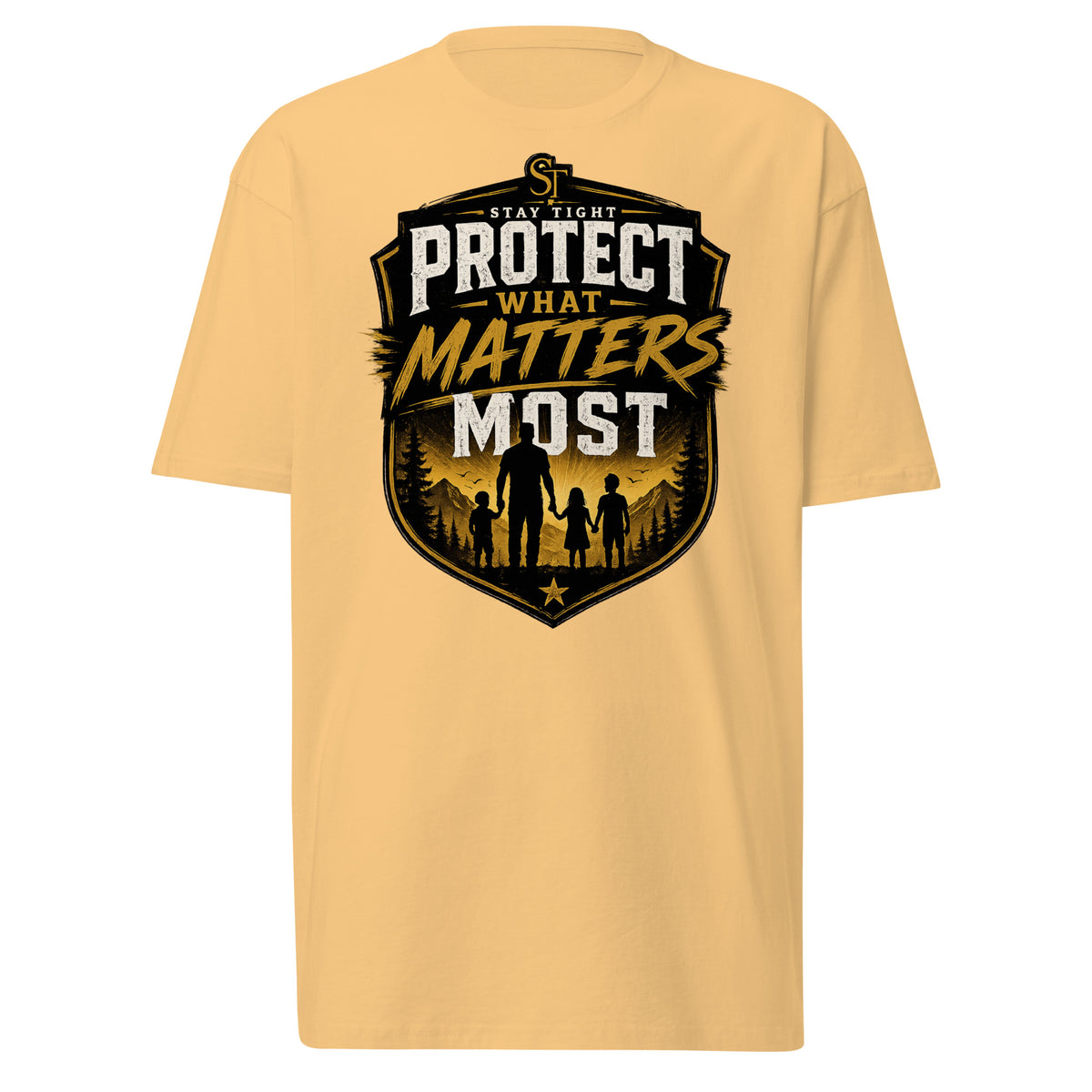 Stay Tight premium heavyweight T-shirt featuring the phrase "Protect What Matters Most" with a shield design and a family silhouette, symbolizing protection, strength, responsibility, and family values