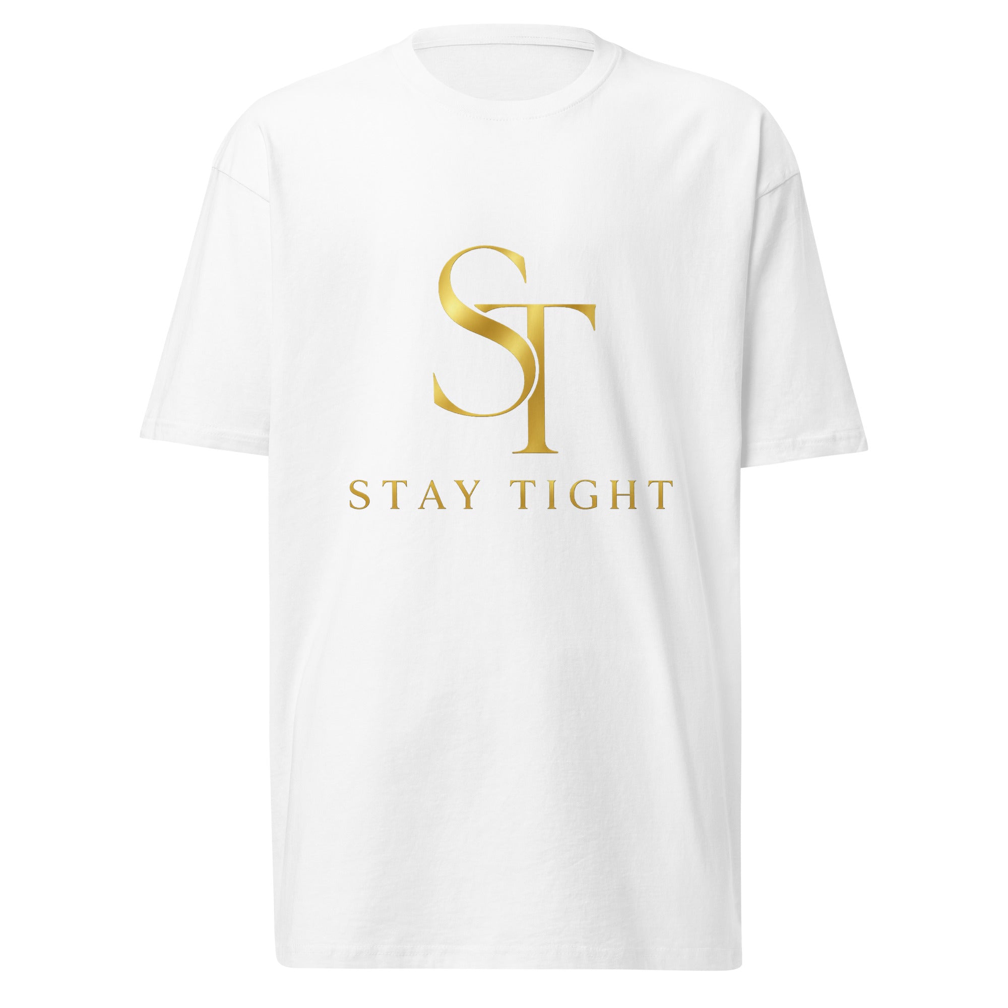 Stay Tight premium heavyweight T-shirt in white featuring the vintage gold ST logo on the front