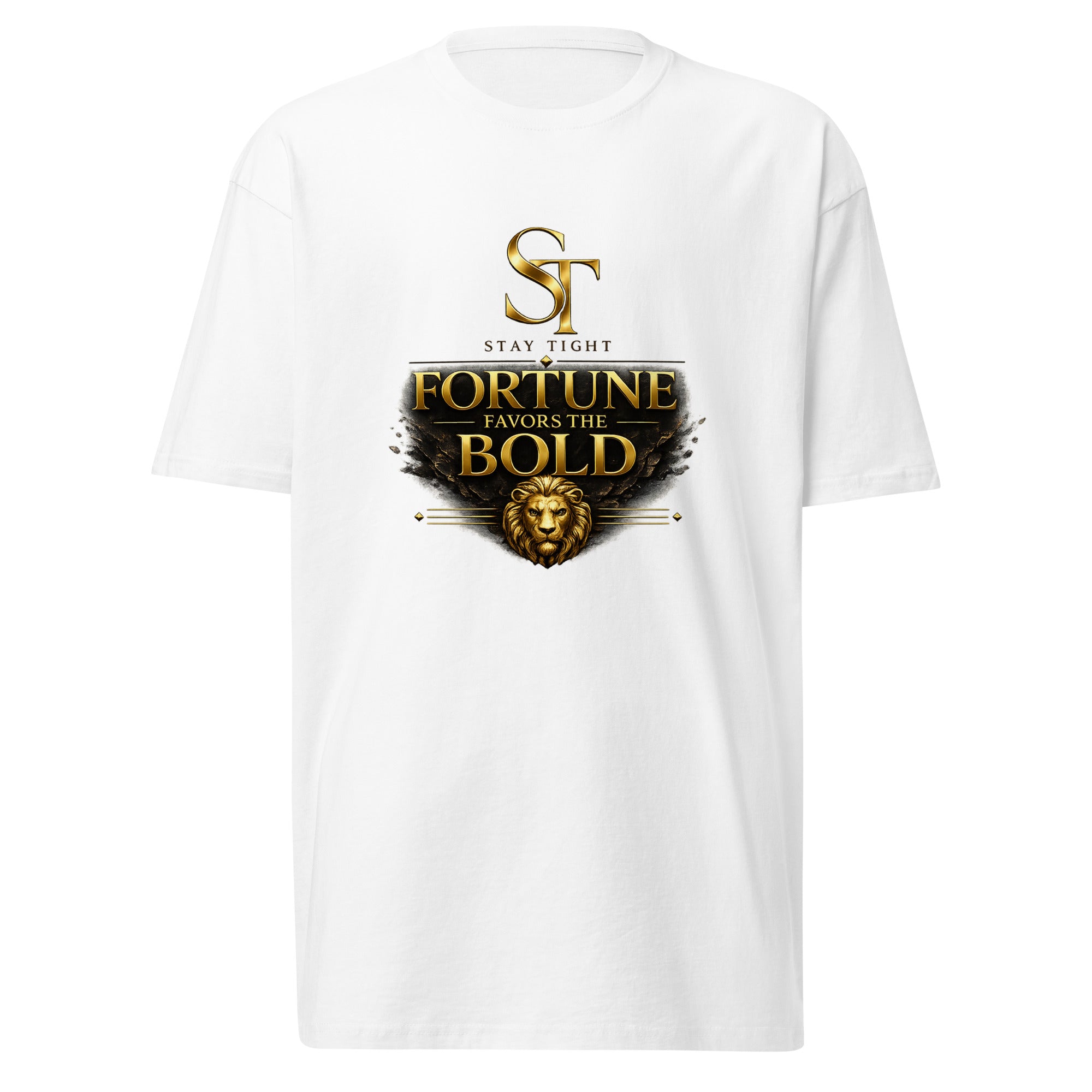 Stay Tight premium heavyweight T-shirt featuring a vintage gold ST logo, the phrase “Fortune Favors the Bold,” and a gold lion graphic.