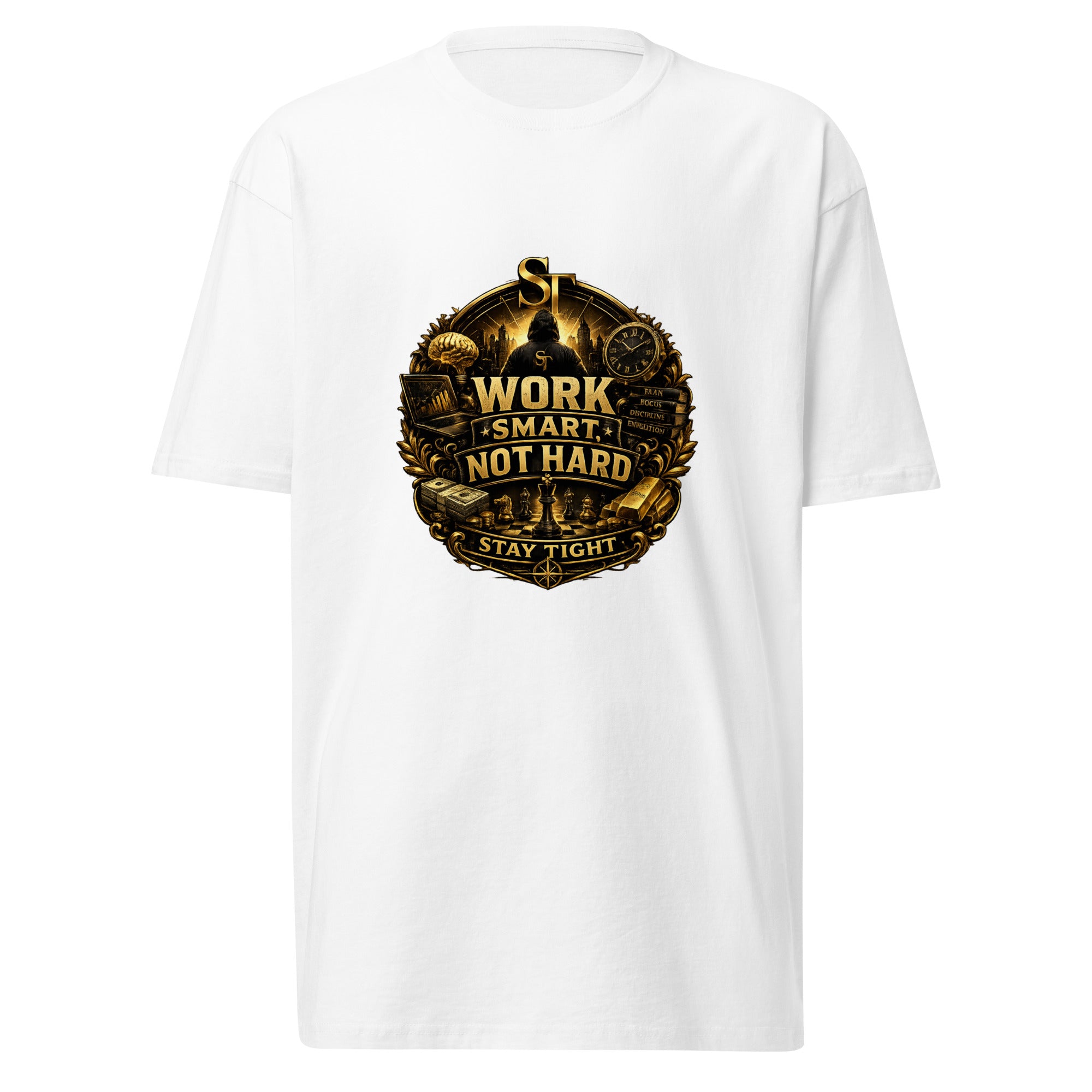 Stay Tight premium heavyweight T-shirt featuring the ST logo, the quote “Work Smart, Not Hard,” and a motivational graphic with a city skyline, books, a clock, chess pieces, and success-themed artwork.