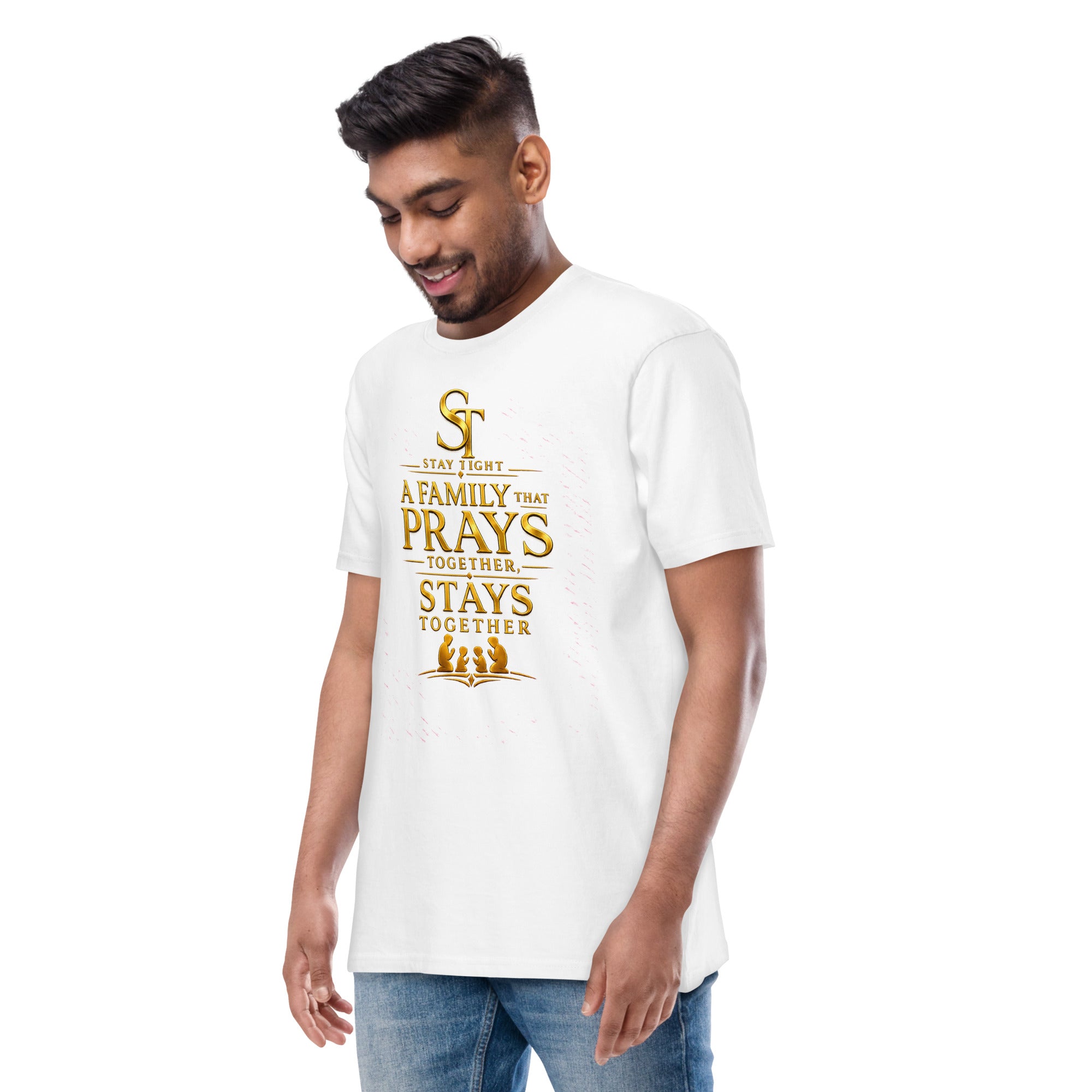 premium heavyweight Stay Tight graphic T-shirt with a gold Christian family design reading “A Family That Prays Together, Stays Together,” featuring a praying family silhouette.