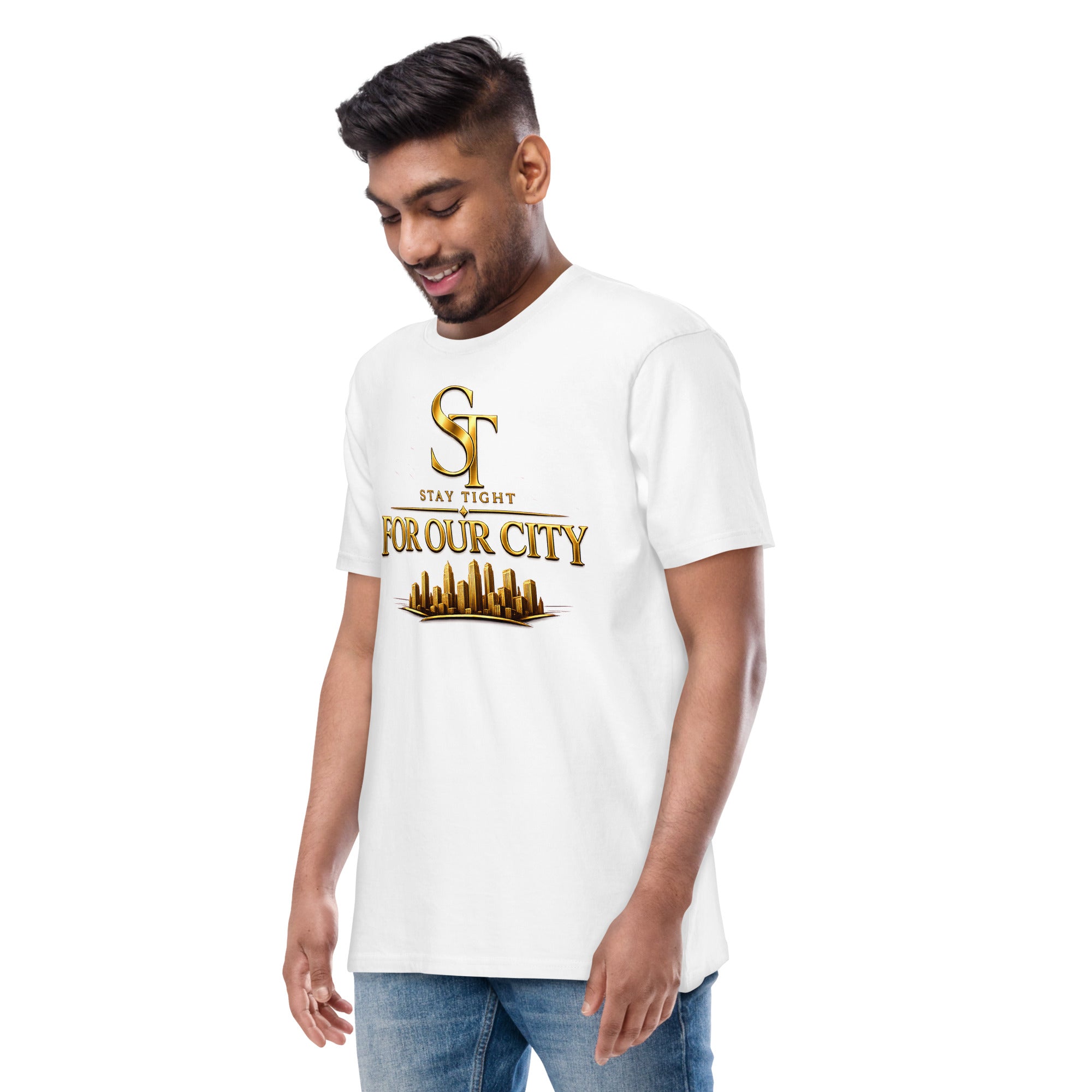premium heavyweight Stay Tight graphic T-shirt with a gold “For Our City” design featuring a modern city skyline. Inspirational streetwear celebrating community, hometown pride, leadership, and urban culture.
