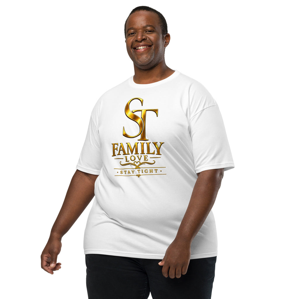 premium heavyweight Stay Tight graphic T-shirt with a gold “ST Family Love” design. Inspirational family-themed streetwear celebrating love, unity, loyalty, and strong family values with elegant gold typography.