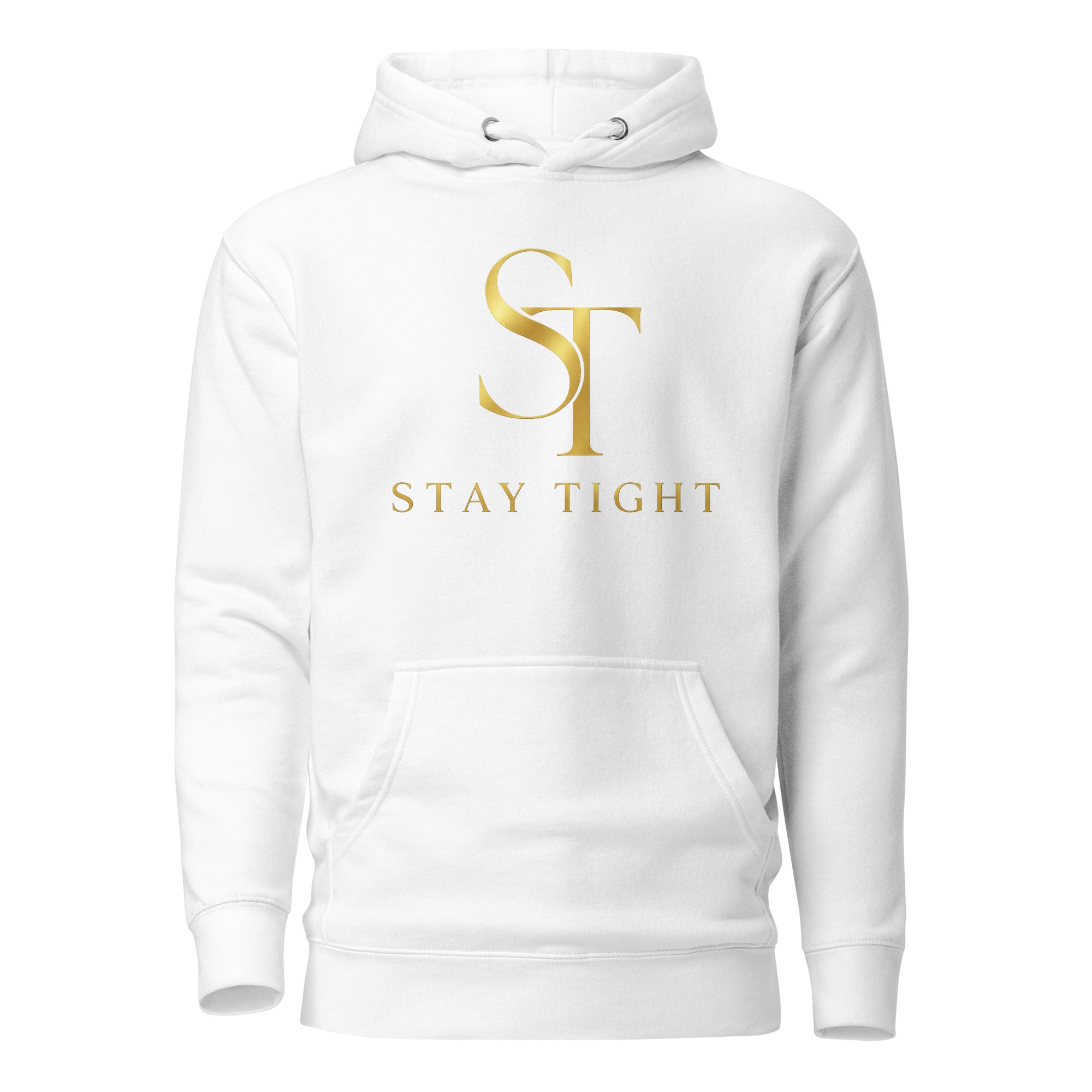 Stay Tight ST logo premium black pullover hoodie with vintage gold front graphic